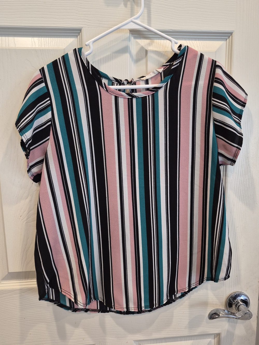 Striped Short-Sleeve Blouse in Pink, Teal & Black